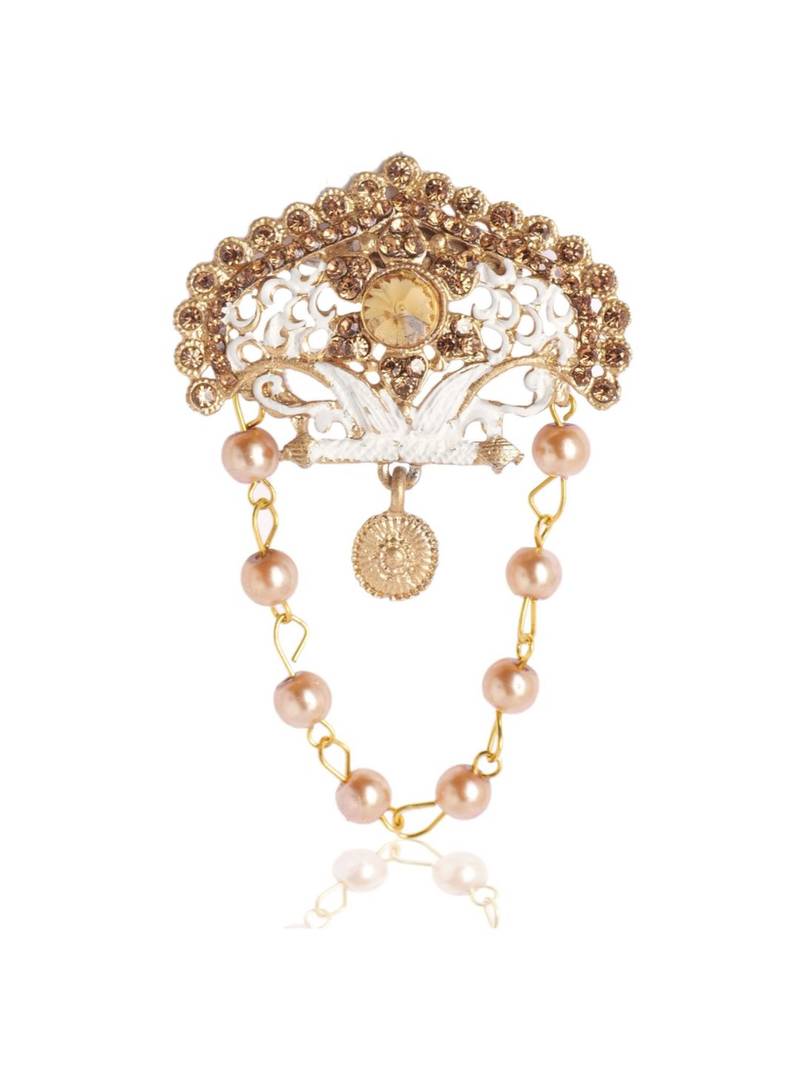 White pearl golden plated sherwani mala with brooch