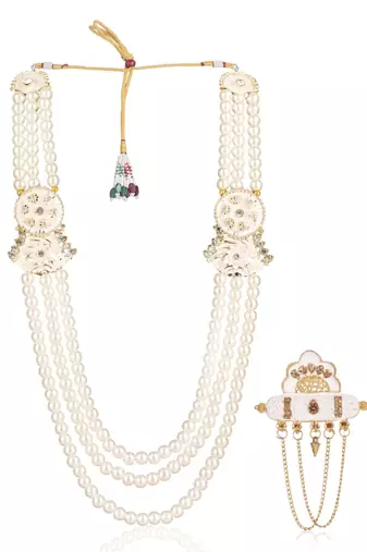 White pearl gold finish traditional groom mala with brooch