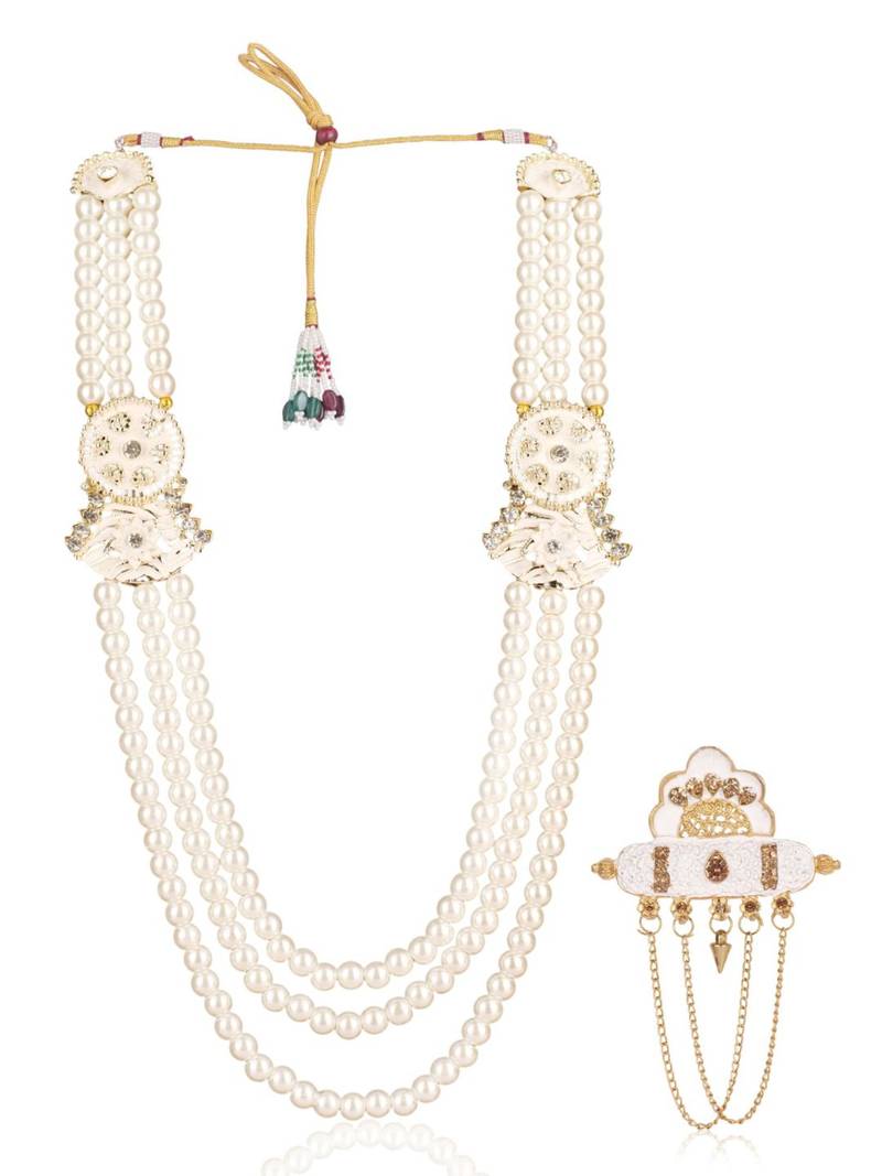 White pearl gold finish traditional groom mala with brooch
