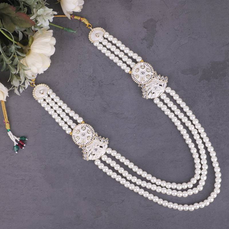 White pearl golden finish wedding groom sherwani mala brooch