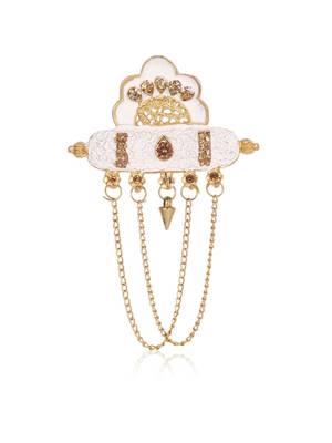 White pearl gold finish traditional groom mala with brooch 3