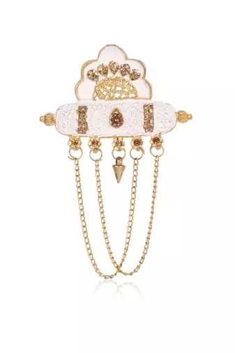 White pearl gold finish traditional groom mala with brooch