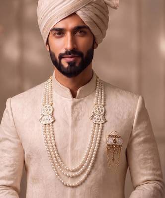 White pearl gold plated sherwani groom mala brooch 1