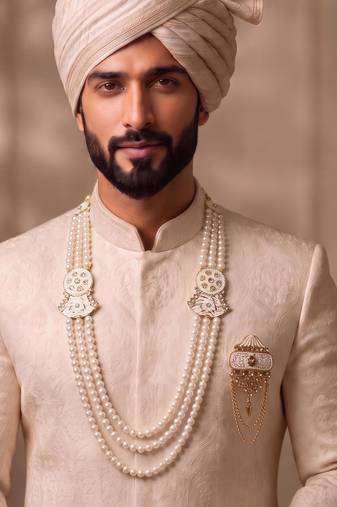 White pearl gold plated sherwani groom mala brooch