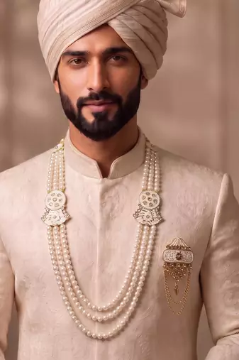 White pearl gold plated sherwani groom mala brooch
