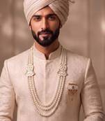 White pearl gold plated sherwani groom mala brooch