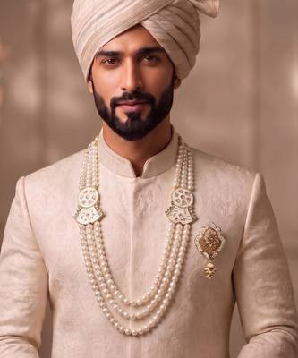 White pearl golden plated wedding mala with groom brooch 1
