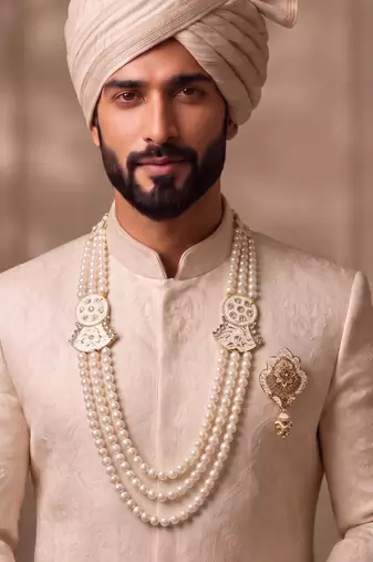 White pearl golden plated wedding mala with groom brooch