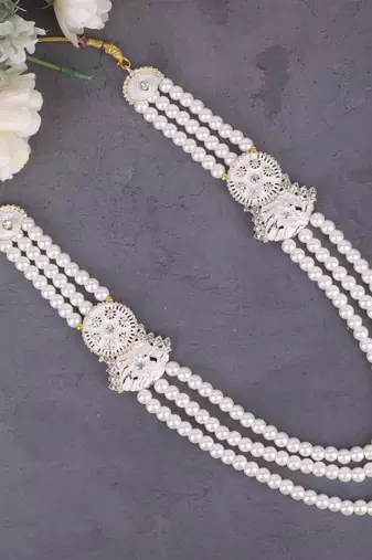 White pearl gold finish traditional groom mala with brooch