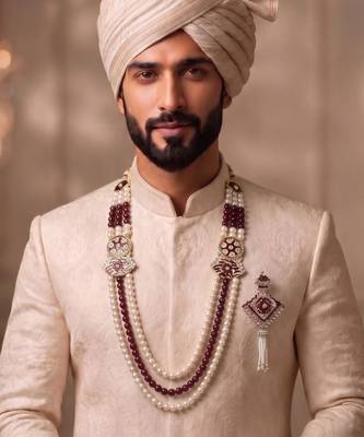 Multy pearl gold finish groom sherwani mala brooch 1