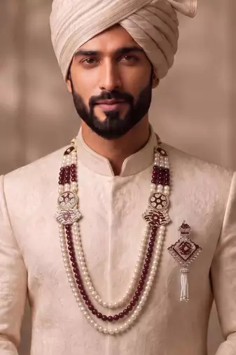 Multy pearl gold finish groom sherwani mala brooch