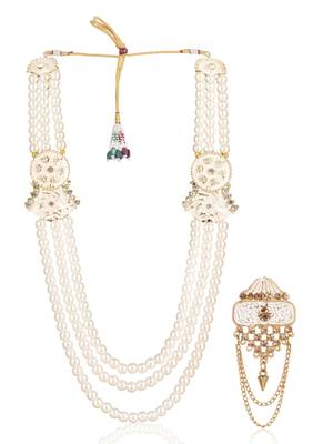 White pearl gold plated sherwani groom mala brooch 2