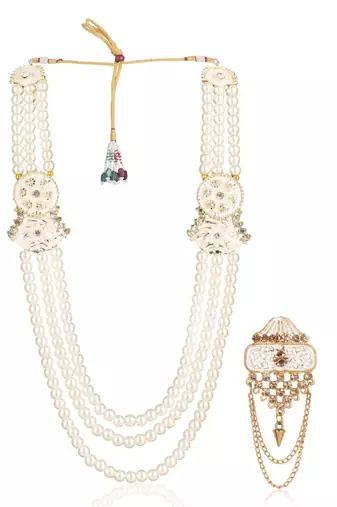 White pearl gold plated sherwani groom mala brooch