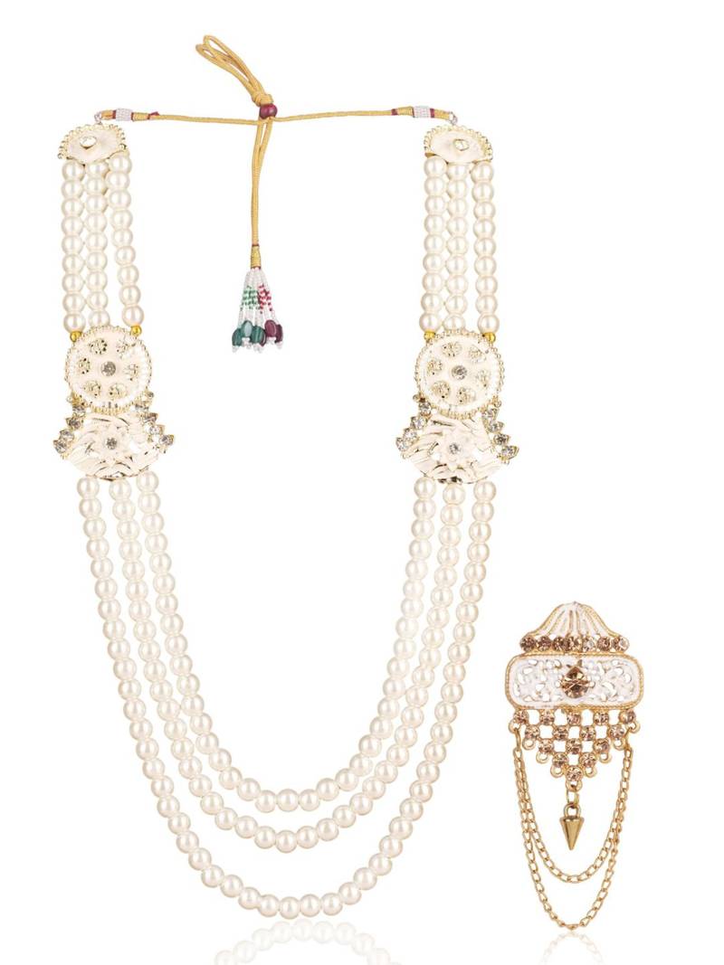 White pearl gold plated sherwani groom mala brooch