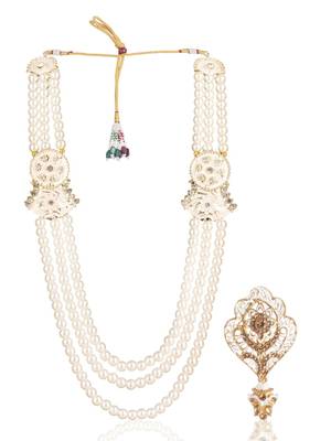 White pearl golden plated wedding mala with groom brooch 2