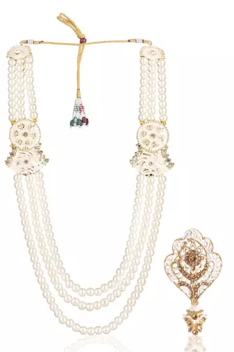White pearl golden plated wedding mala with groom brooch