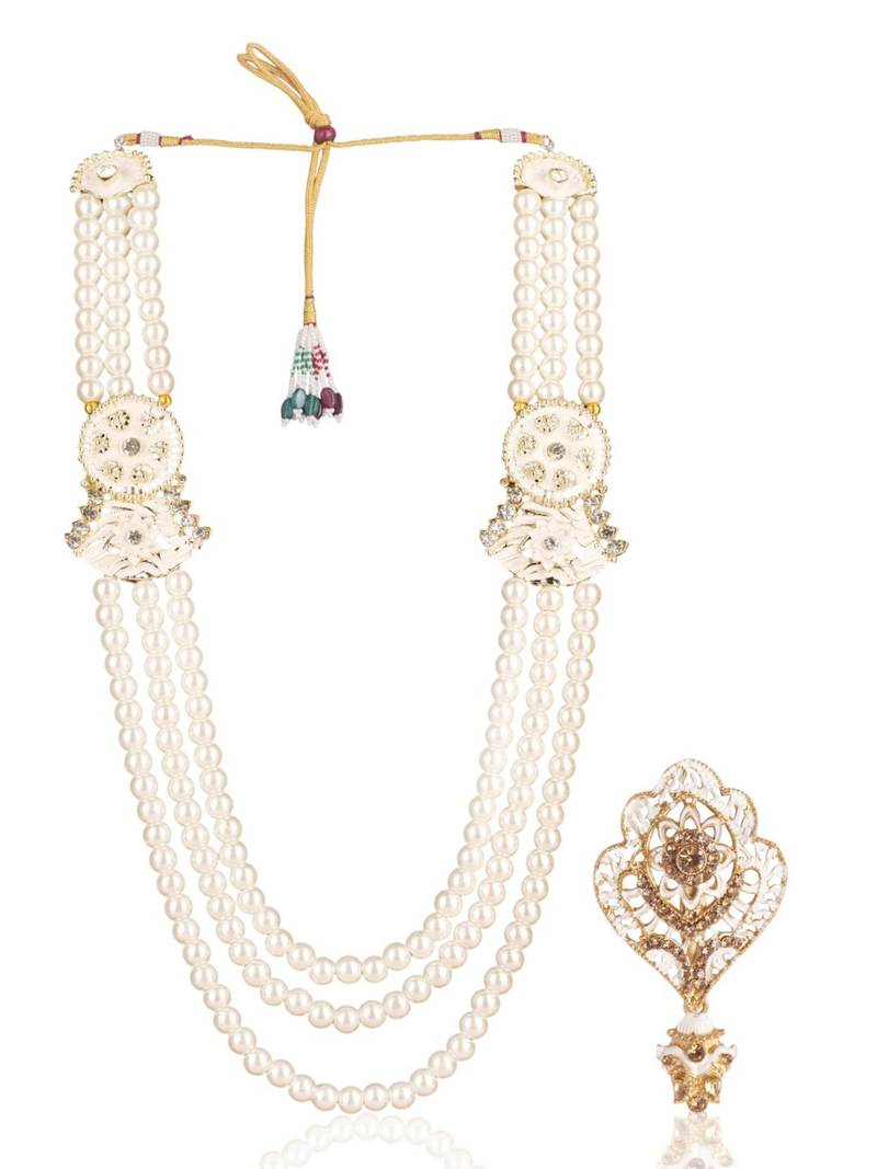 White pearl golden plated wedding mala with groom brooch