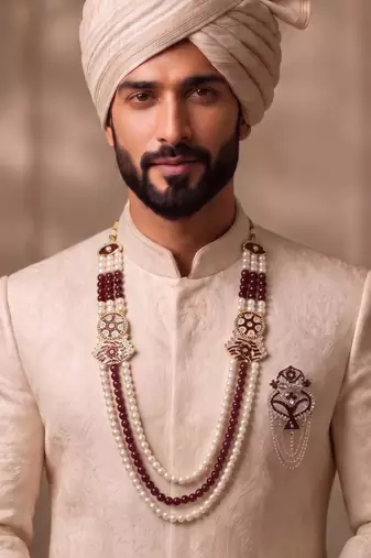 Multy pearl gold plated traditional sherwani mala with brooch