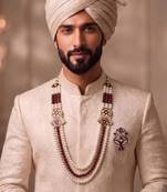 Multy pearl gold plated traditional sherwani mala with brooch