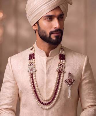 Multy pearl gold finish groom sherwani mala brooch 2