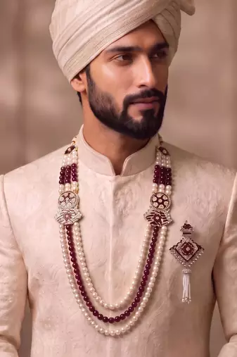 Multy pearl gold finish groom sherwani mala brooch