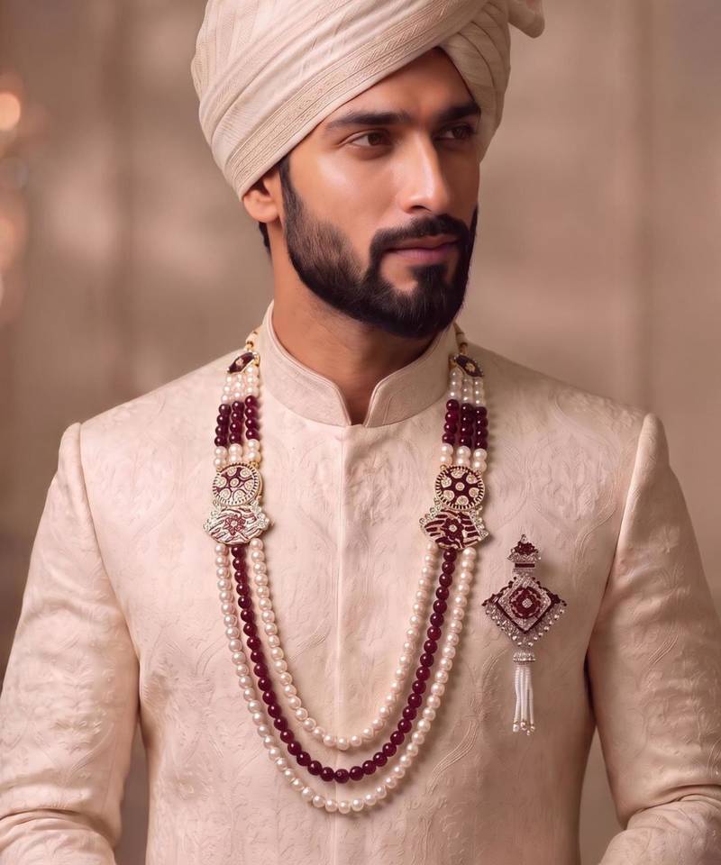 Multy pearl gold finish groom sherwani mala brooch