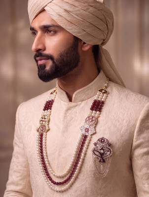 Multy pearl gold plated traditional sherwani mala with brooch 2