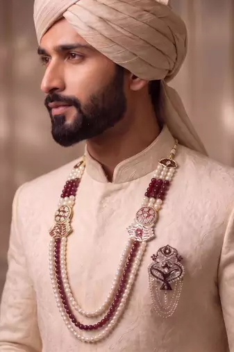 Multy pearl gold plated traditional sherwani mala with brooch