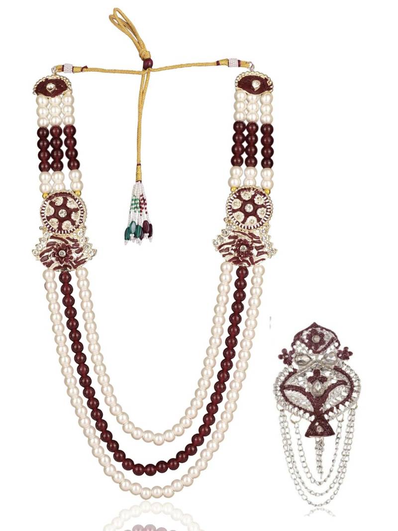 Multy pearl gold plated traditional sherwani mala with brooch