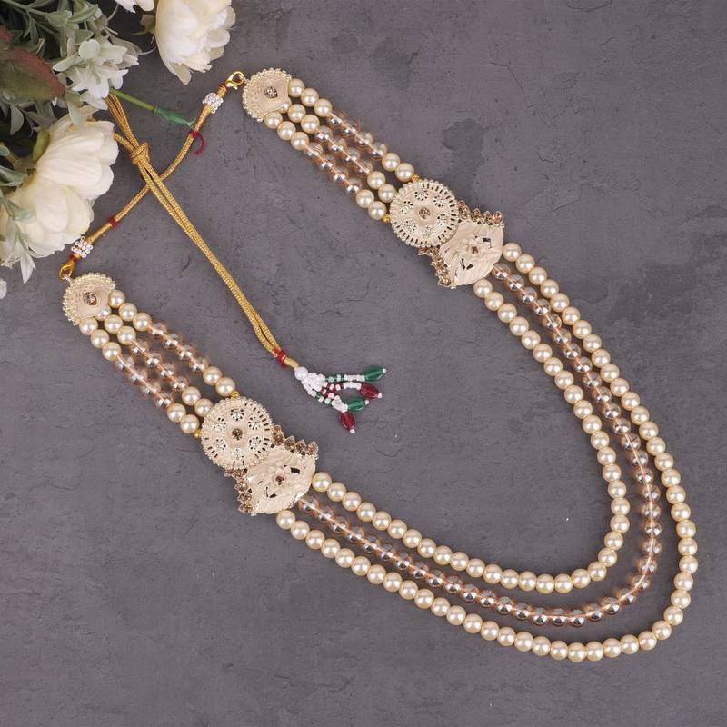 Gold pearl gold plated wedding groom mala with brooch