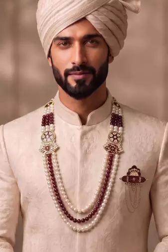 Multy pearl gold finish sherwani mala groom brooch