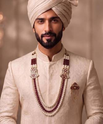 Maroon-white pearl gold plated wedding groom mala with brooch 1