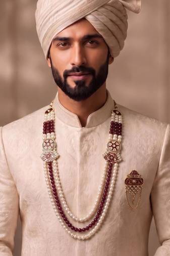 Maroon-white pearl gold plated wedding groom mala with brooch