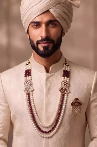Maroon-white pearl gold plated wedding groom mala with brooch