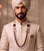 Maroon-white pearl gold plated wedding groom mala with brooch