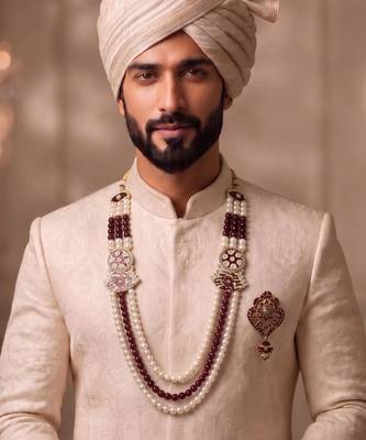 Multi pearl gold plated groom sherwani mala with brooch 1
