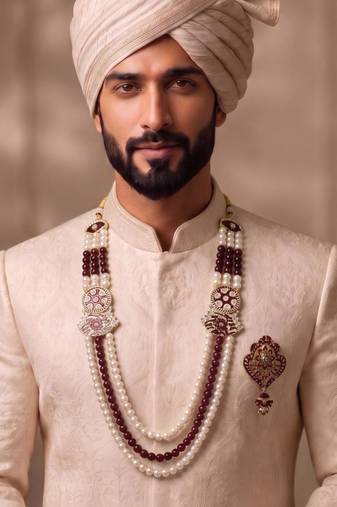 Multi pearl gold plated groom sherwani mala with brooch
