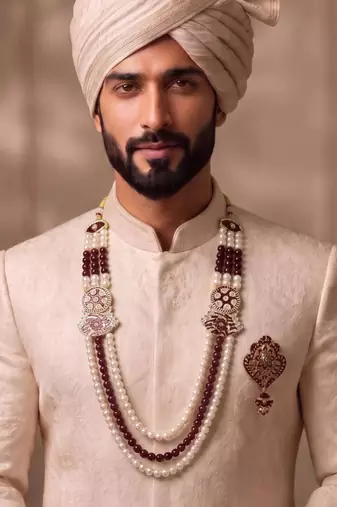 Multi pearl gold plated groom sherwani mala with brooch