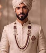 Multi pearl gold plated groom sherwani mala with brooch