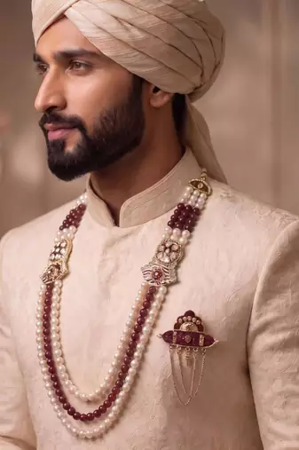 Multy pearl gold finish sherwani mala groom brooch