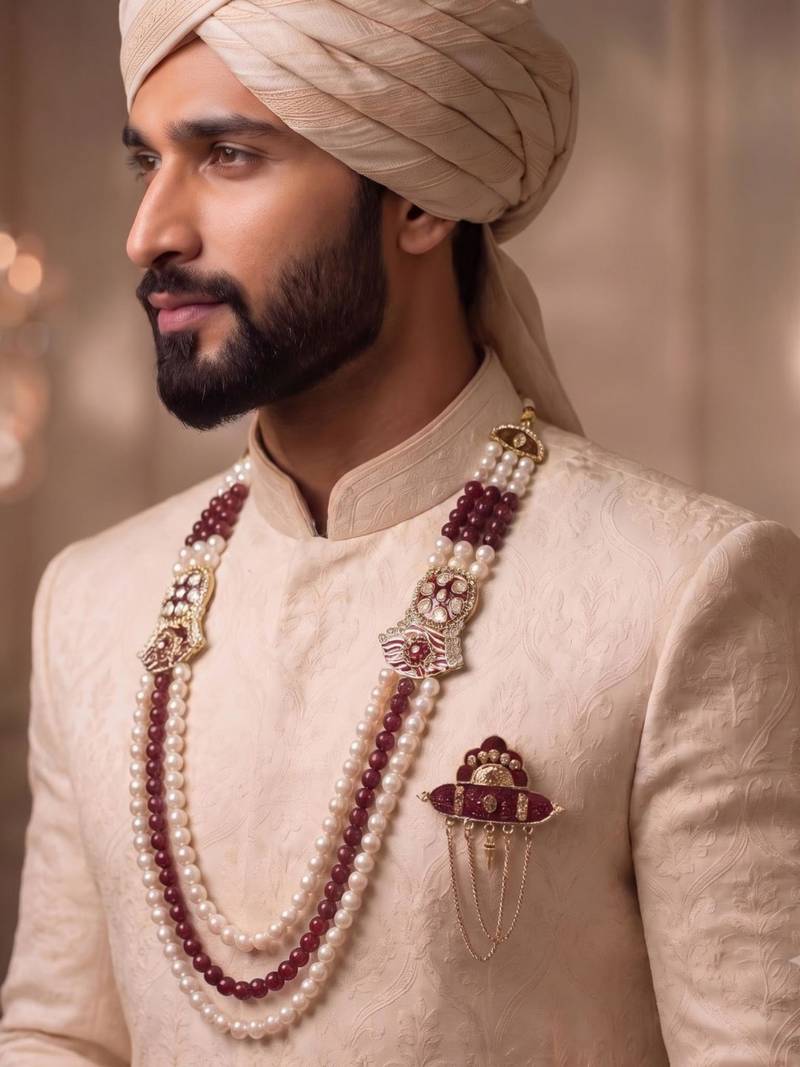 Multy pearl gold finish sherwani mala groom brooch