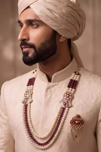 Maroon-white pearl gold plated wedding groom mala with brooch