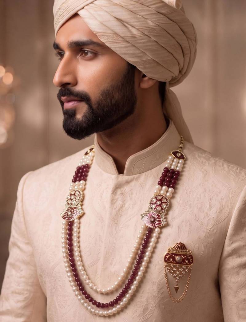 Maroon-white pearl gold plated wedding groom mala with brooch