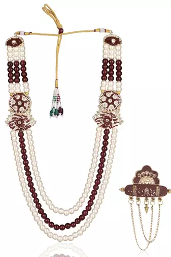 Multy pearl gold finish sherwani mala groom brooch