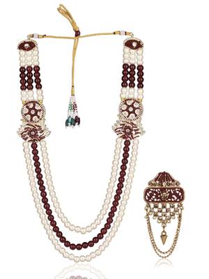 Maroon-white pearl gold plated wedding groom mala with brooch 3