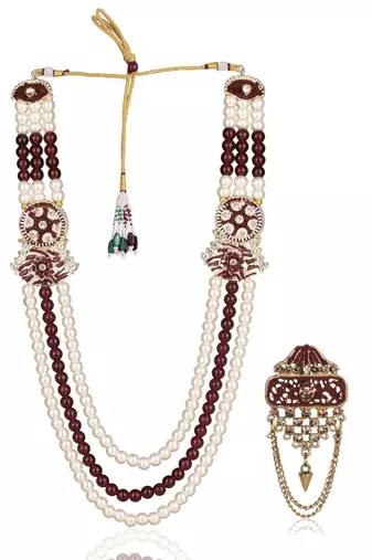 Maroon-white pearl gold plated wedding groom mala with brooch