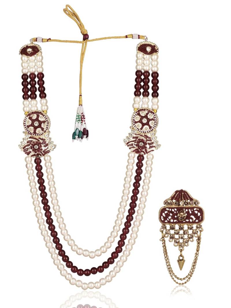 Maroon-white pearl gold plated wedding groom mala with brooch