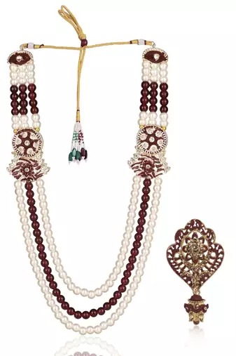 Multi pearl gold plated groom sherwani mala with brooch