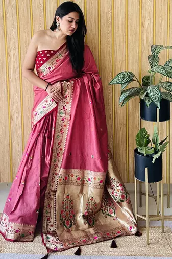 maroon paithani silk blend zari weaving saree with blouse