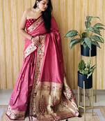 maroon paithani silk blend zari weaving saree with blouse